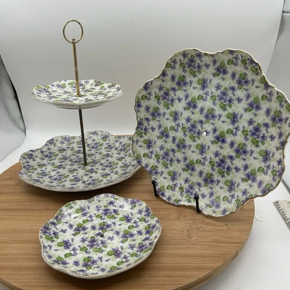Lefton China Violet Chintz 2 Tiered Serving Tray (Lunch & Bread/Butter‎ Plate) 4